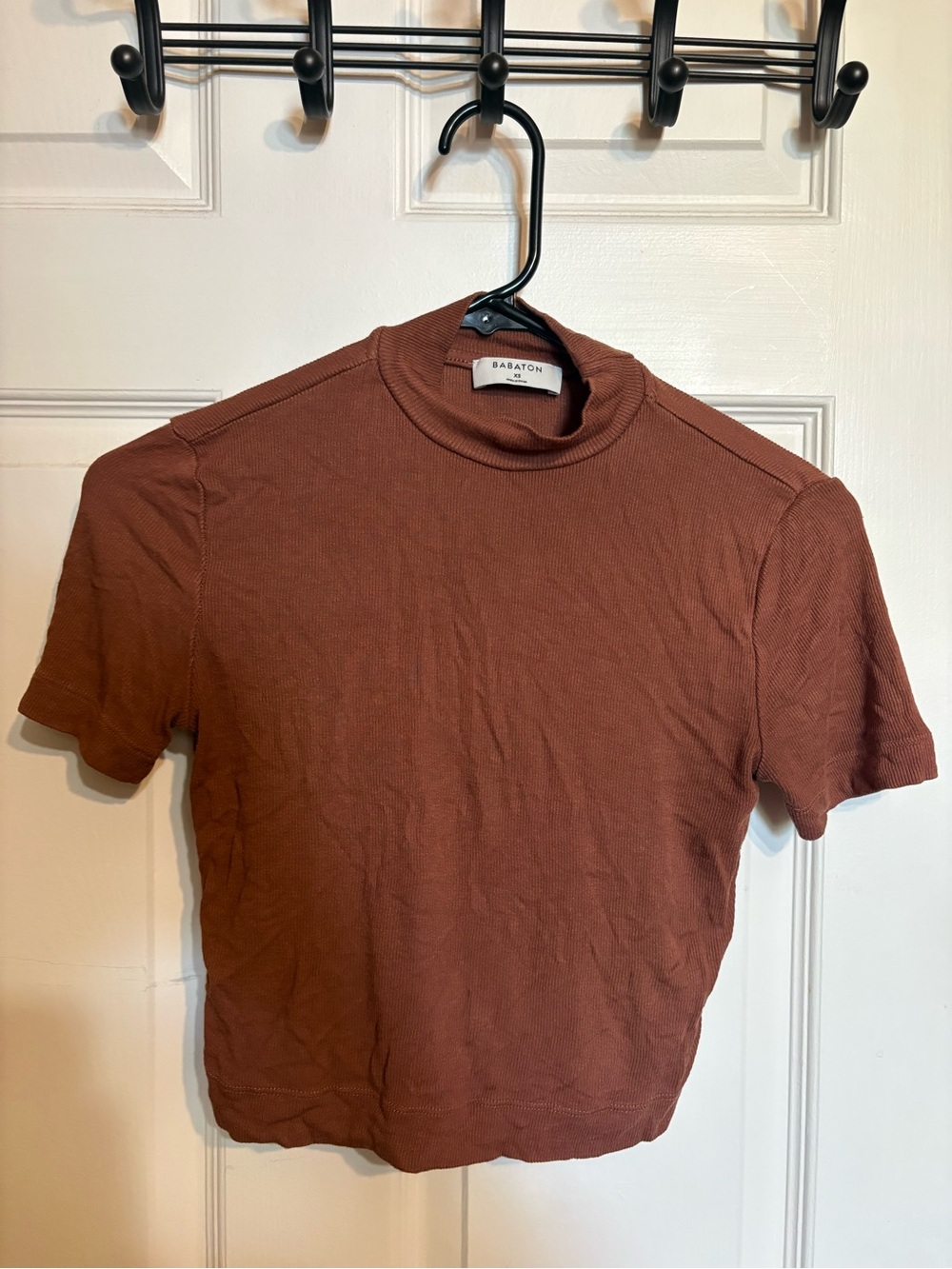 Babaton Short-Sleeve Mock Neck Tee in Rust Brown